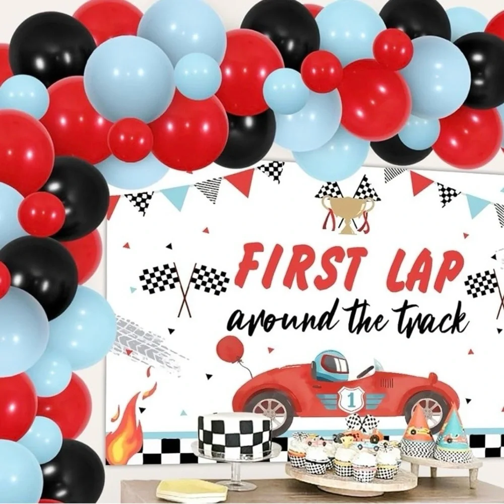 NWT First Lap Around the Track Race Car  1st Birthday Party Balloon & Backdrop